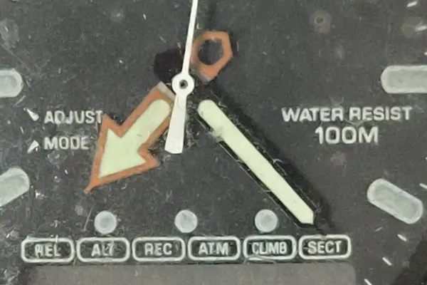 Close-up of Casio AW-330-AT LCD showing two vertical segments stacked on the right side in default state.