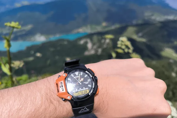 Restored Casio AW-330-AT on wrist at an altitude of approximately 1,700 meters.