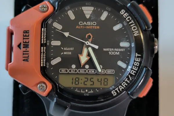 Casio AW-330-AT watch with final clear screen protector applied.