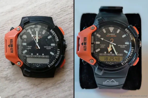 Before and after restoration comparison of the Casio AW-330-AT.